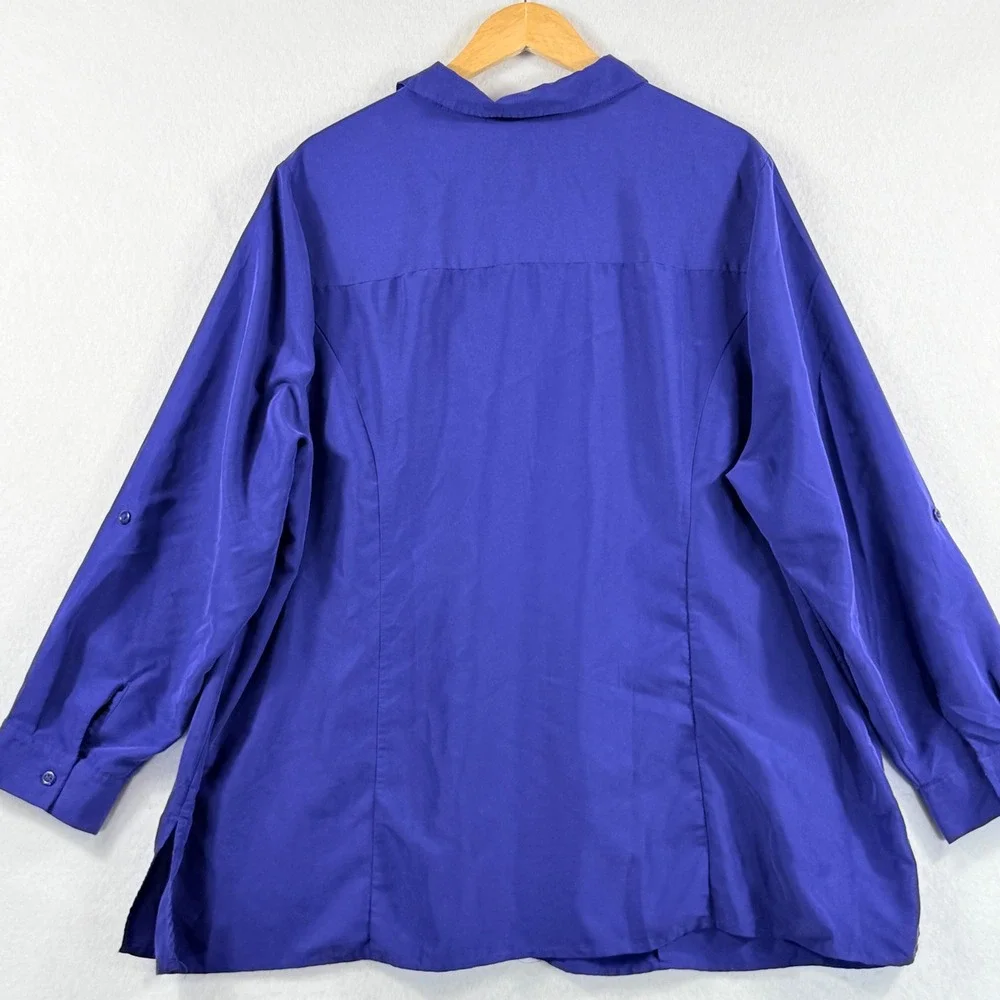 Catherines Button Down Blouse Womens 2X Indigo Pleated Roll Tab Office Classic